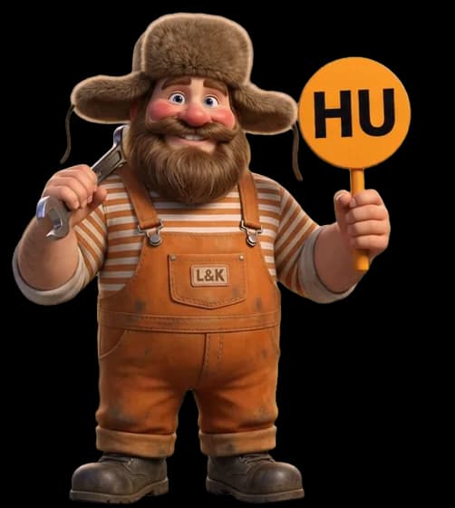 Unser Maskottchen hält ein HU-Schild hoch